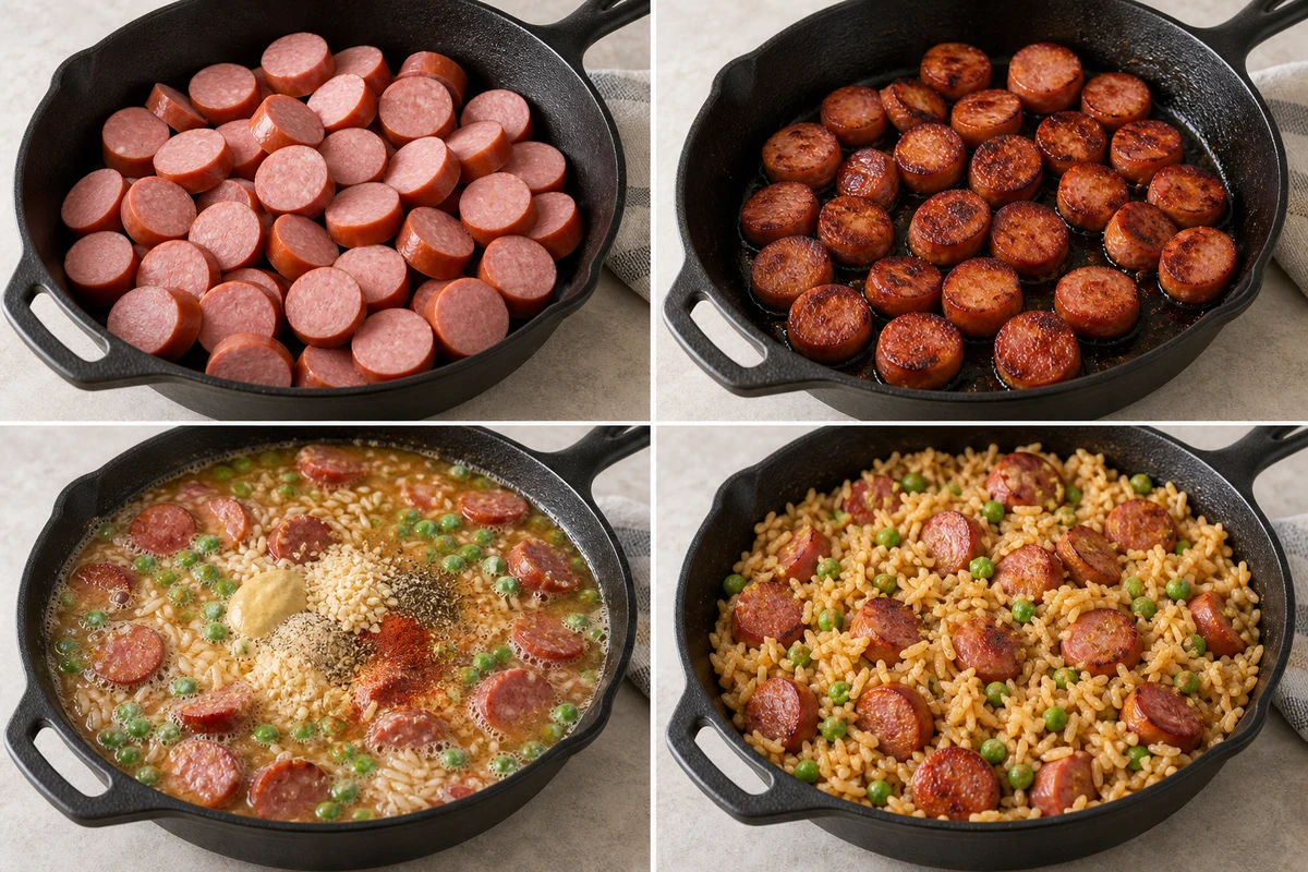Four stages showing kielbasa sliced, sausage browned, rice peas water and seasonings added, and the skillet simmered until tender