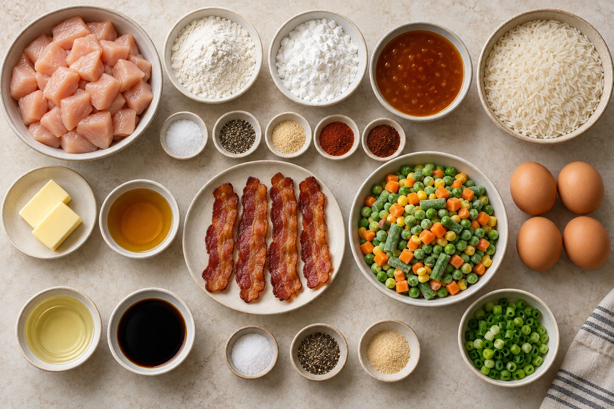 Chicken, flour, cornstarch, seasonings, butter, oil, orange sauce, rice, four bacon strips, vegetables, four eggs, soy sauce, and green onions