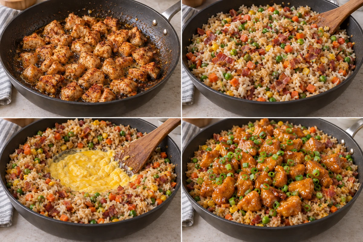 Four stages showing seasoned chicken cooked, bacon rice and vegetables fried, four eggs scrambled in a well, and orange chicken served over fried rice