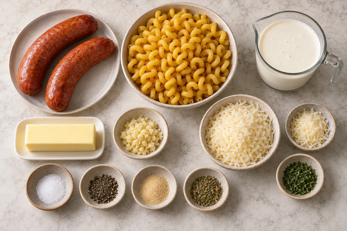 Two kielbasa links, cellentani pasta, butter, minced garlic, heavy cream, Parmesan, seasonings, and parsley