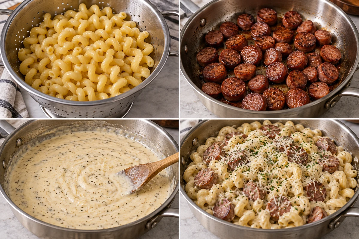Four stages showing cellentani cooked, kielbasa browned, Alfredo sauce made, and pasta combined with smoked sausage