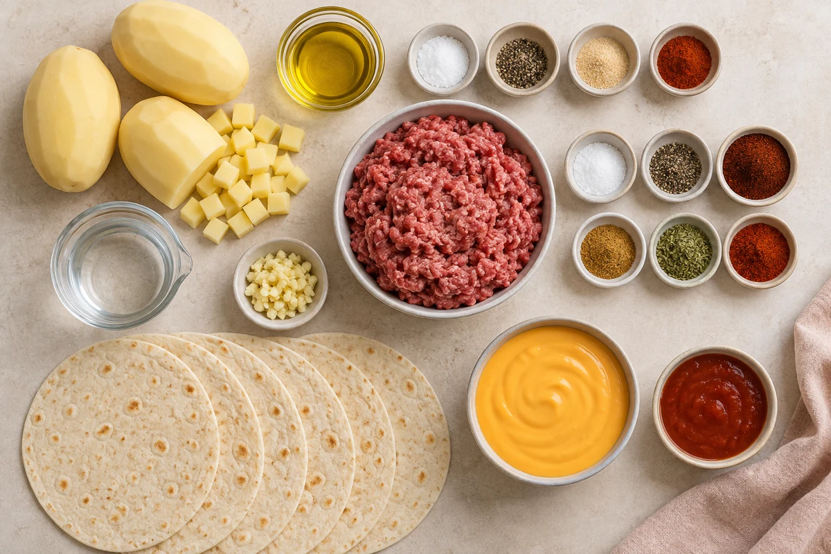 Three peeled potatoes, olive oil, ground beef, measured spices, water, garlic, five tortillas, nacho cheese, and taco sauce