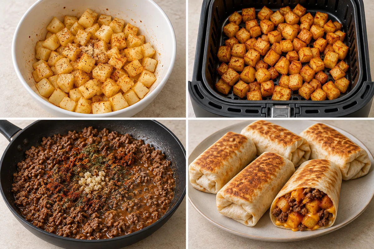 Four stages showing potato cubes seasoned, potatoes air fried, beef simmered with seasonings, and five burritos filled and browned