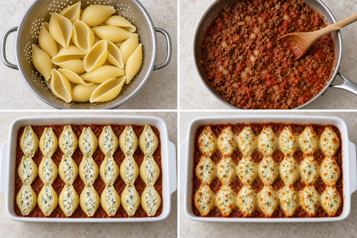 Four stages showing jumbo shells drained, meat sauce simmered, exactly twenty-one shells filled, and the shells baked with mozzarella