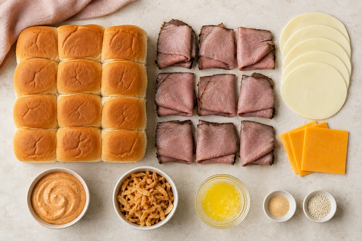 Sweet slider rolls, nine roast beef slices, provolone, cheddar, chipotle sauce, crispy onions, butter, garlic powder, and sesame seeds