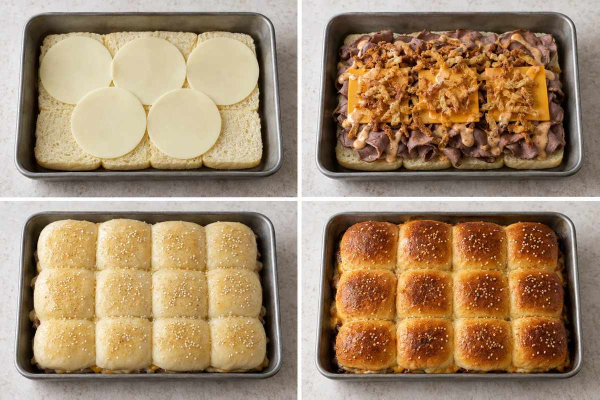 Four stages showing provolone layered on connected rolls, roast beef and toppings added, pale buttered rolls before baking, and twelve golden sliders