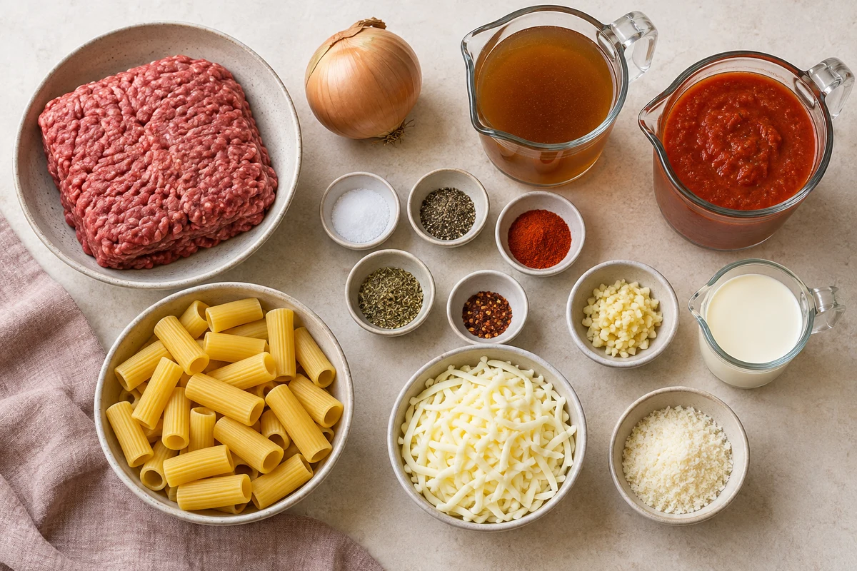 Ground beef, onion, rigatoni, beef broth, marinara, cream, mozzarella, Parmesan, garlic, and measured seasonings