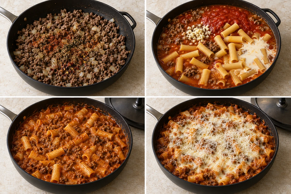 Four stages showing beef and onion browned, liquids and dry rigatoni added, pasta simmered until tender, and mozzarella melted over the skillet
