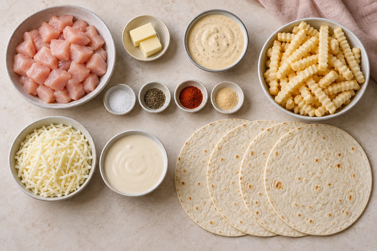 Chicken breast, butter, four seasonings, Parmesan garlic sauce, crinkle fries, four tortillas, mozzarella, and white queso