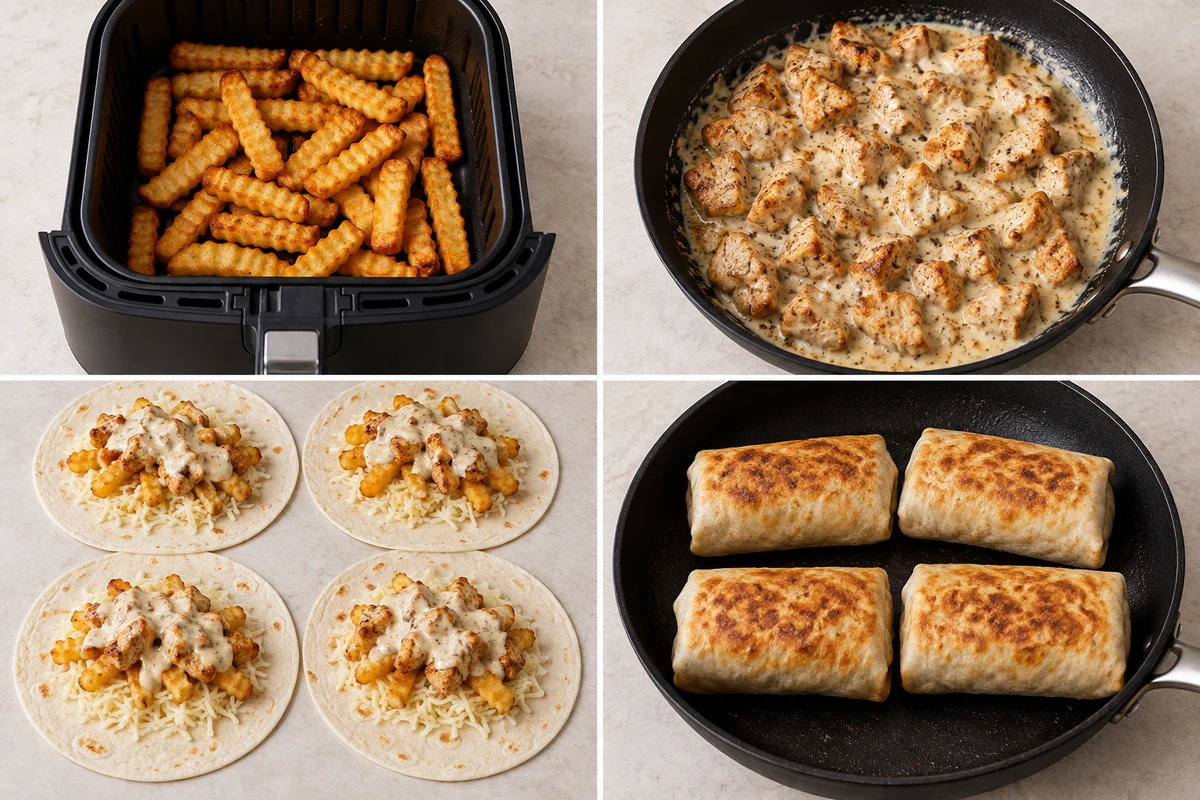 Four stages showing crinkle fries crisped, Parmesan garlic chicken cooked, four tortillas layered, and four burritos toasted
