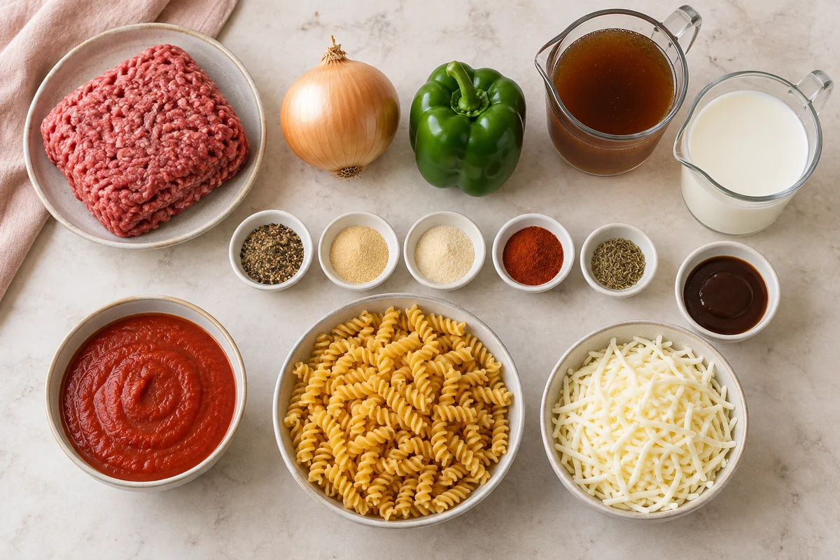 Ground beef, one onion, one green bell pepper, seasonings, steak sauce, broth, milk, tomato sauce, spiral pasta, and mozzarella