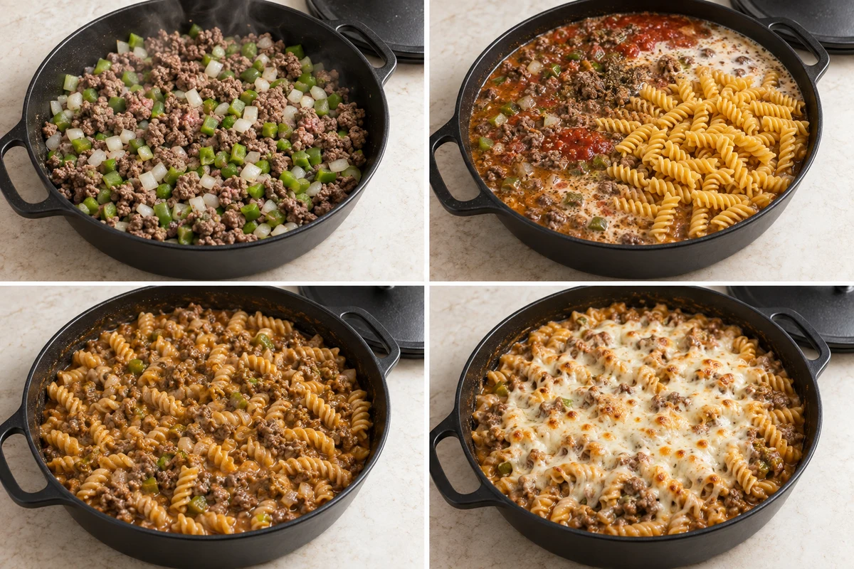Four stages showing beef with onion and green pepper, dry spiral pasta added to sauce, pasta simmered tender, and mozzarella melted over the skillet