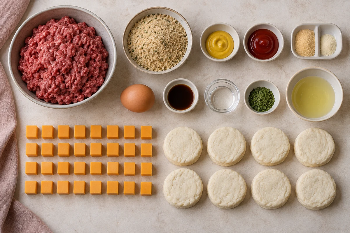 Ground beef, egg, breadcrumbs, mustard, ketchup, seasonings, Worcestershire, thirty-two cheddar cubes, eight biscuit rounds, egg white, water, and parsley