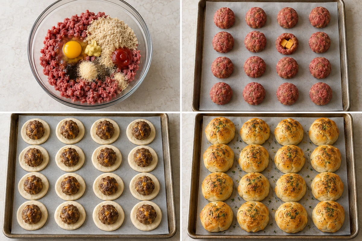 Four stages showing beef mixture prepared, sixteen meatballs with two cheddar cubes each, sixteen baked meatballs on biscuit dough, and sixteen golden biscuit bombs
