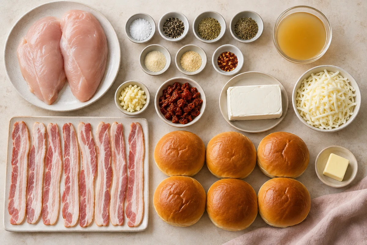 Chicken breasts, seven measured seasonings, garlic, sun-dried tomatoes, broth, cream cheese, mozzarella, eight bacon slices, six brioche buns, and butter