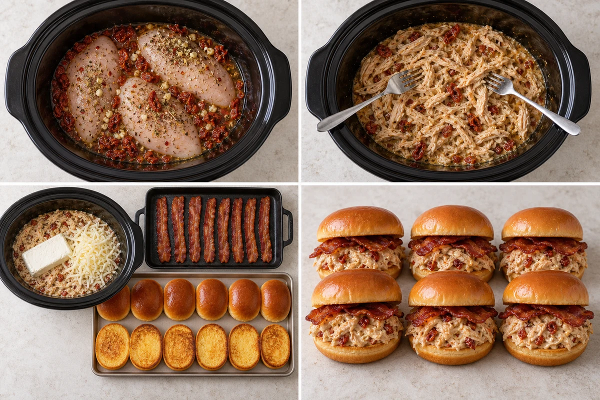 Four stages showing seasoned chicken slow cooked, chicken shredded, cheeses melted with eight bacon strips and twelve toasted bun halves, and six sandwiches assembled