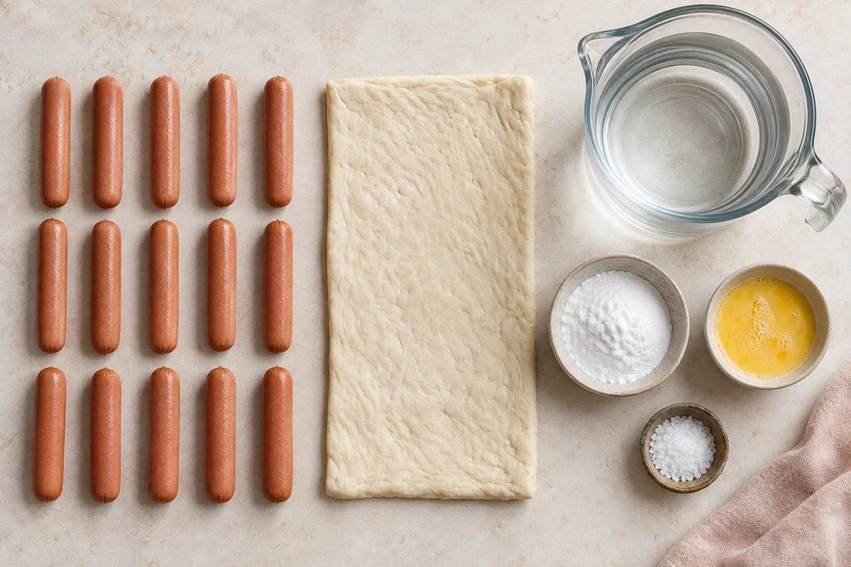 Fifteen sausage franks, one sheet of pizza dough, five cups water, baking soda, one beaten egg, and kosher salt
