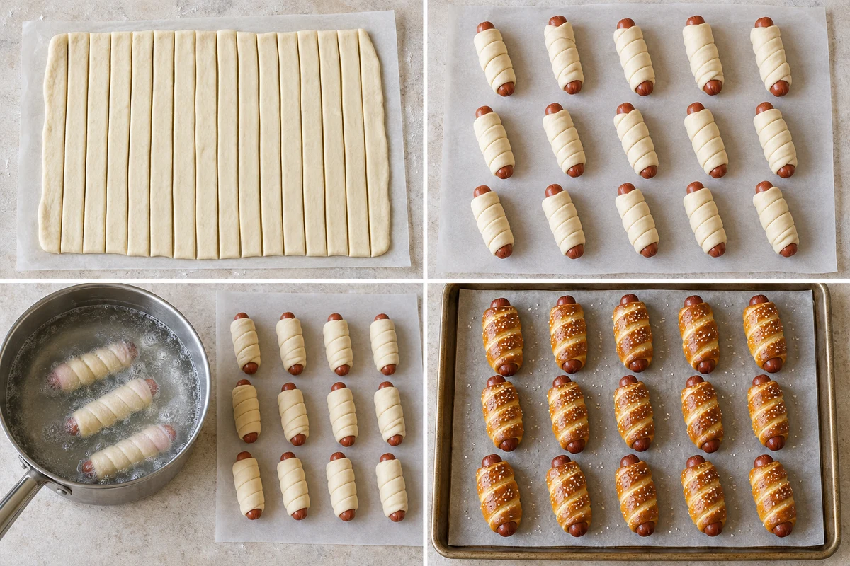 Four stages showing dough cut into fifteen strips, fifteen franks wrapped, three dogs boiling while twelve wait, and fifteen golden pretzel dogs baked