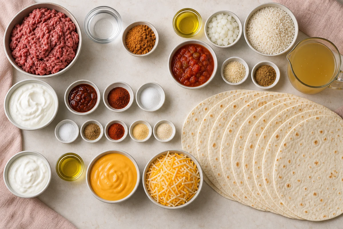 Ground beef, rice ingredients, chipotle sauce ingredients, eight tortillas, nacho cheese, Mexican cheese, sour cream, and olive oil