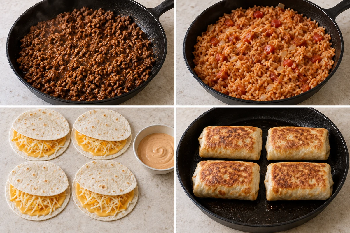Four stages showing taco beef cooked, Spanish rice prepared, eight tortillas paired into four cheese layers, and four quesaritos browned