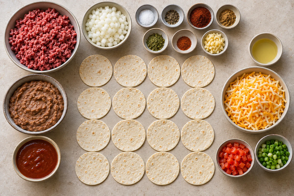 Ground beef, onion, measured seasonings, sixteen tortillas, refried beans, taco sauce, Colby Jack, oil, tomatoes, and green onions