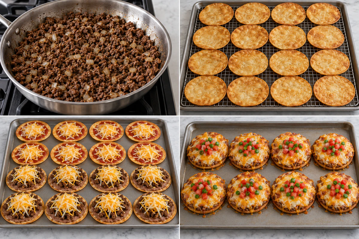 Four stages showing seasoned beef, sixteen fried tortillas, eight two-layer assemblies, and eight finished Mexican pizzas