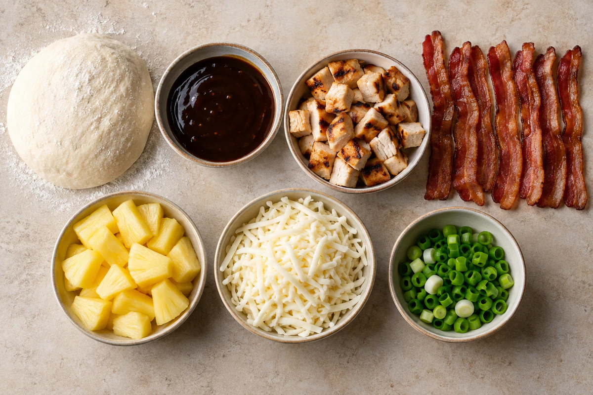 Pizza dough, teriyaki sauce, cooked chicken, eight bacon strips, pineapple, mozzarella, and scallions