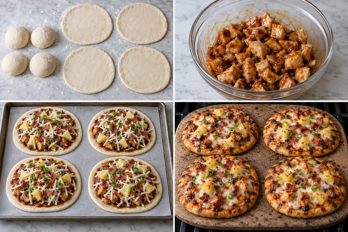 Four stages showing four dough portions, teriyaki chicken, four topped mini pizzas, and four grilled pizzas