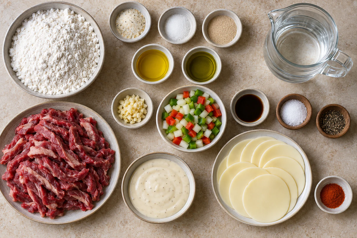 Flour, seasonings, yeast, water, olive oil, steak, onions and peppers, Alfredo sauce, provolone, and paprika