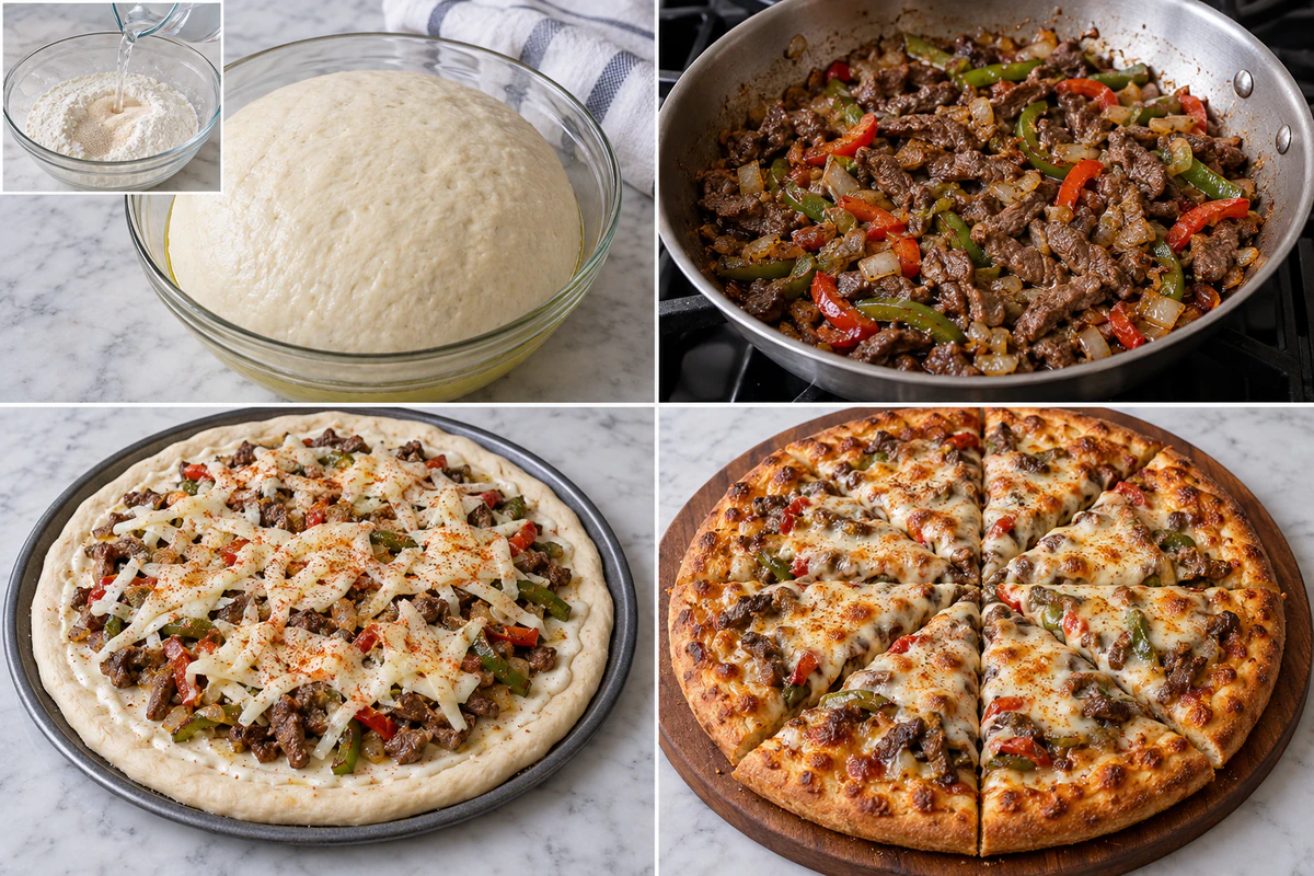 Four stages showing risen dough, cooked steak and peppers, assembled pizza, and a baked pizza cut into eight slices
