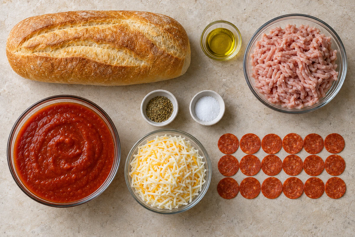 Italian bread, olive oil, ground turkey, pasta sauce, Italian seasoning, salt, pizza cheese, and eighteen pepperoni slices