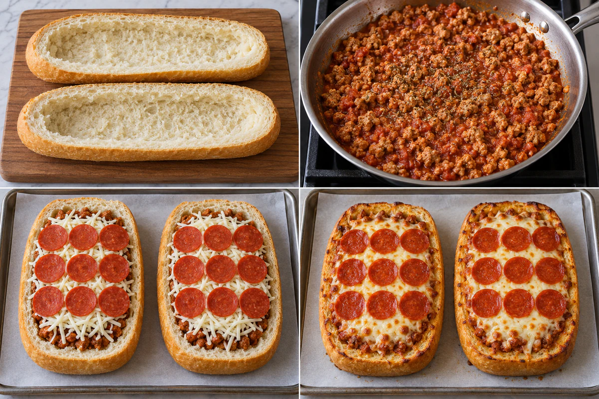 Four stages showing two hollow bread halves, turkey sauce, two boats with nine pepperoni slices each, and two baked boats