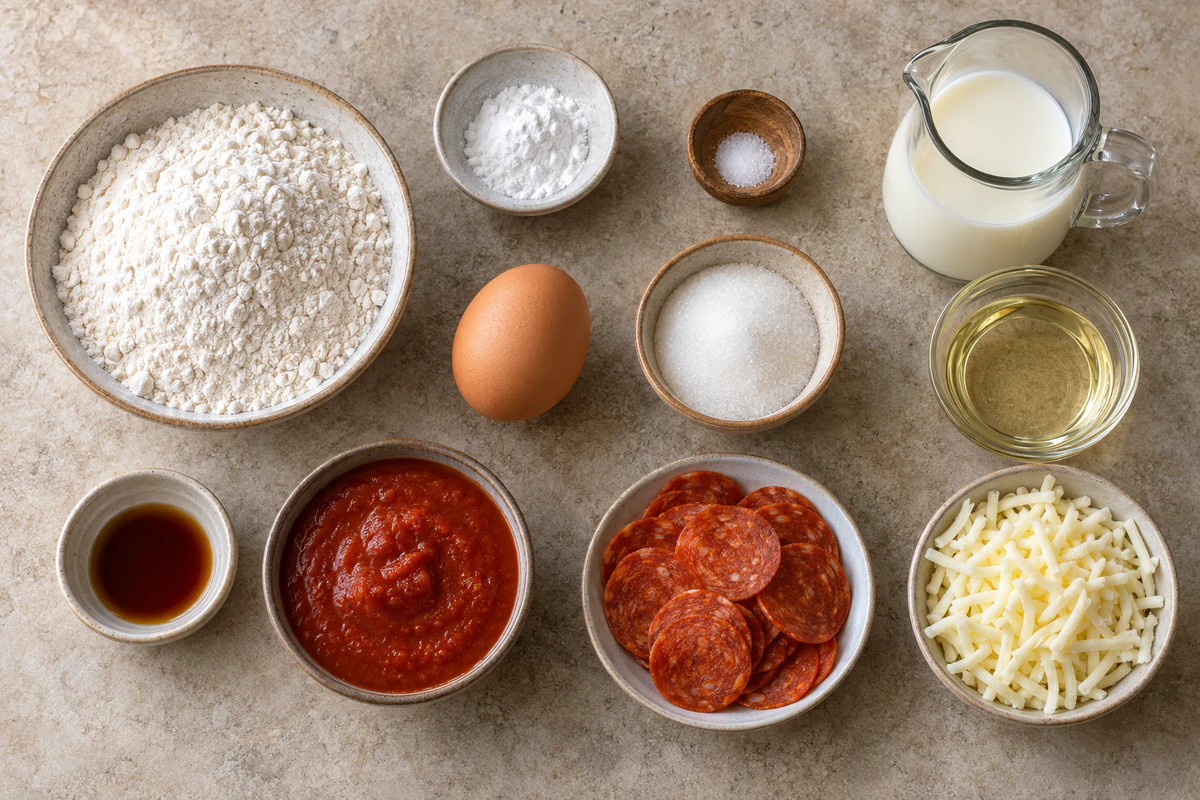 Flour, baking powder, salt, one egg, sugar, milk, oil, vanilla, pizza sauce, pepperoni, and mozzarella