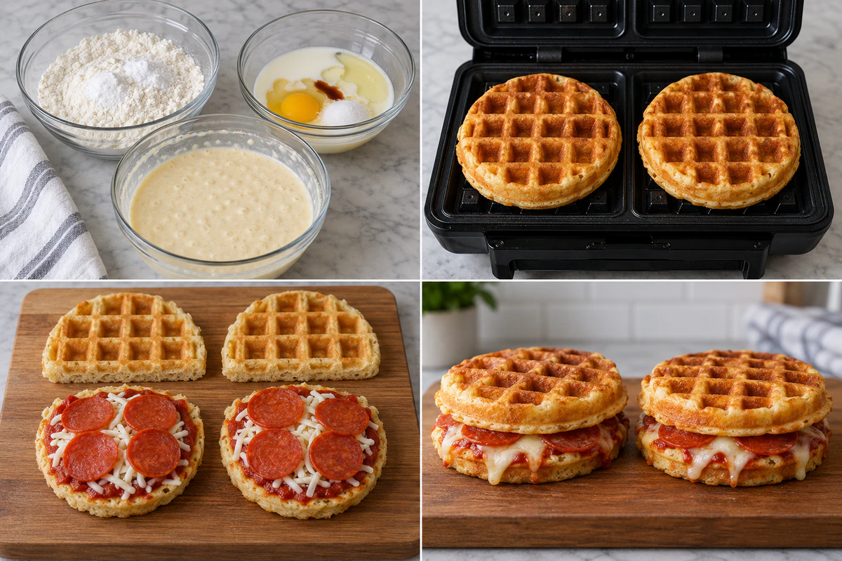 Four stages showing waffle batter, two cooked waffles, four sliced halves with pizza toppings, and two stuffed waffle sandwiches