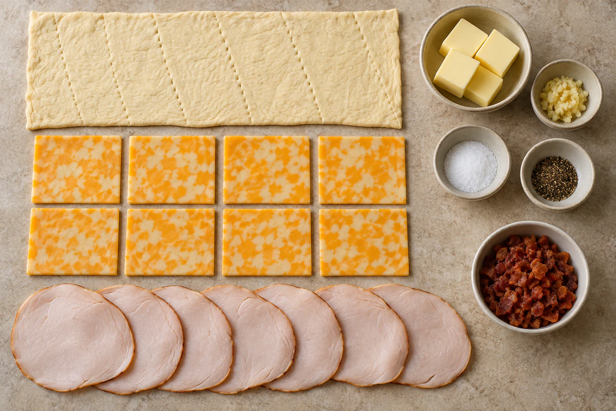 Crescent dough sheet, butter, garlic, salt, pepper, eight Colby Jack slices, seven turkey slices, and bacon bits