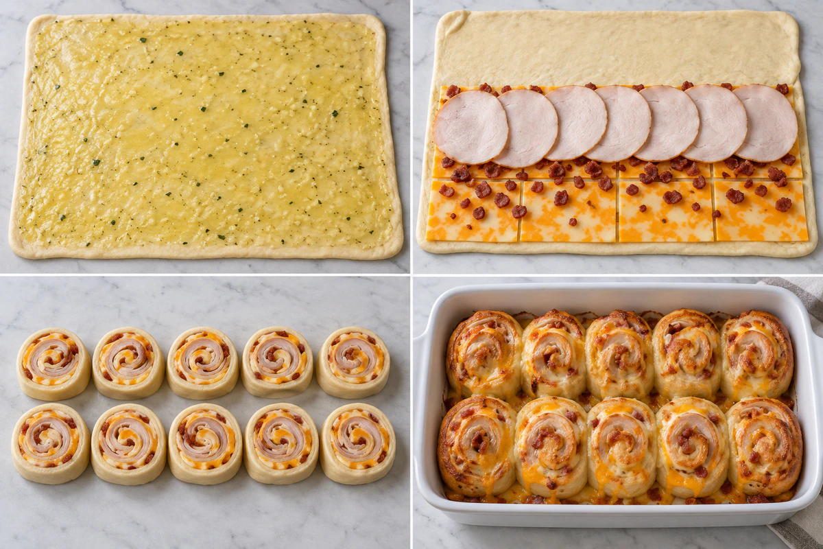 Four stages showing buttered dough, turkey cheese and bacon filling, ten sliced spirals, and ten baked rolls