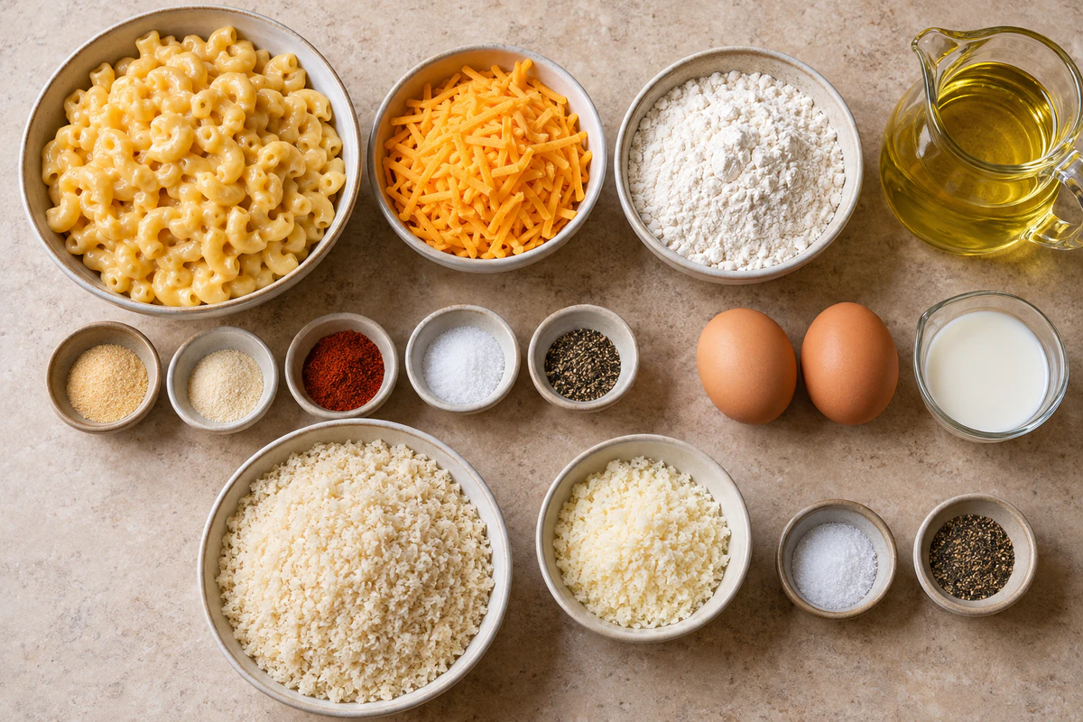 Chilled macaroni and cheese, cheddar, seasonings, flour, two eggs, milk, panko, Parmesan, and frying oil