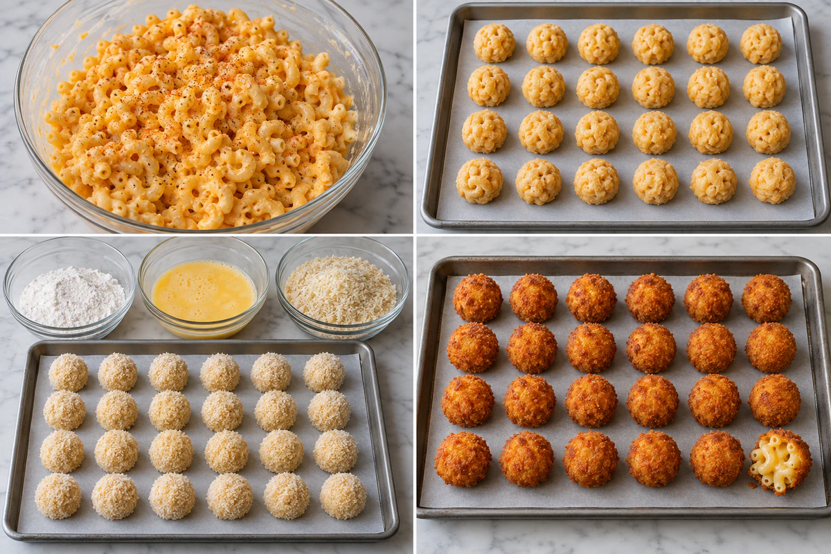 Four stages showing seasoned macaroni, twenty-four formed balls, flour egg and panko breading, and twenty-four fried balls