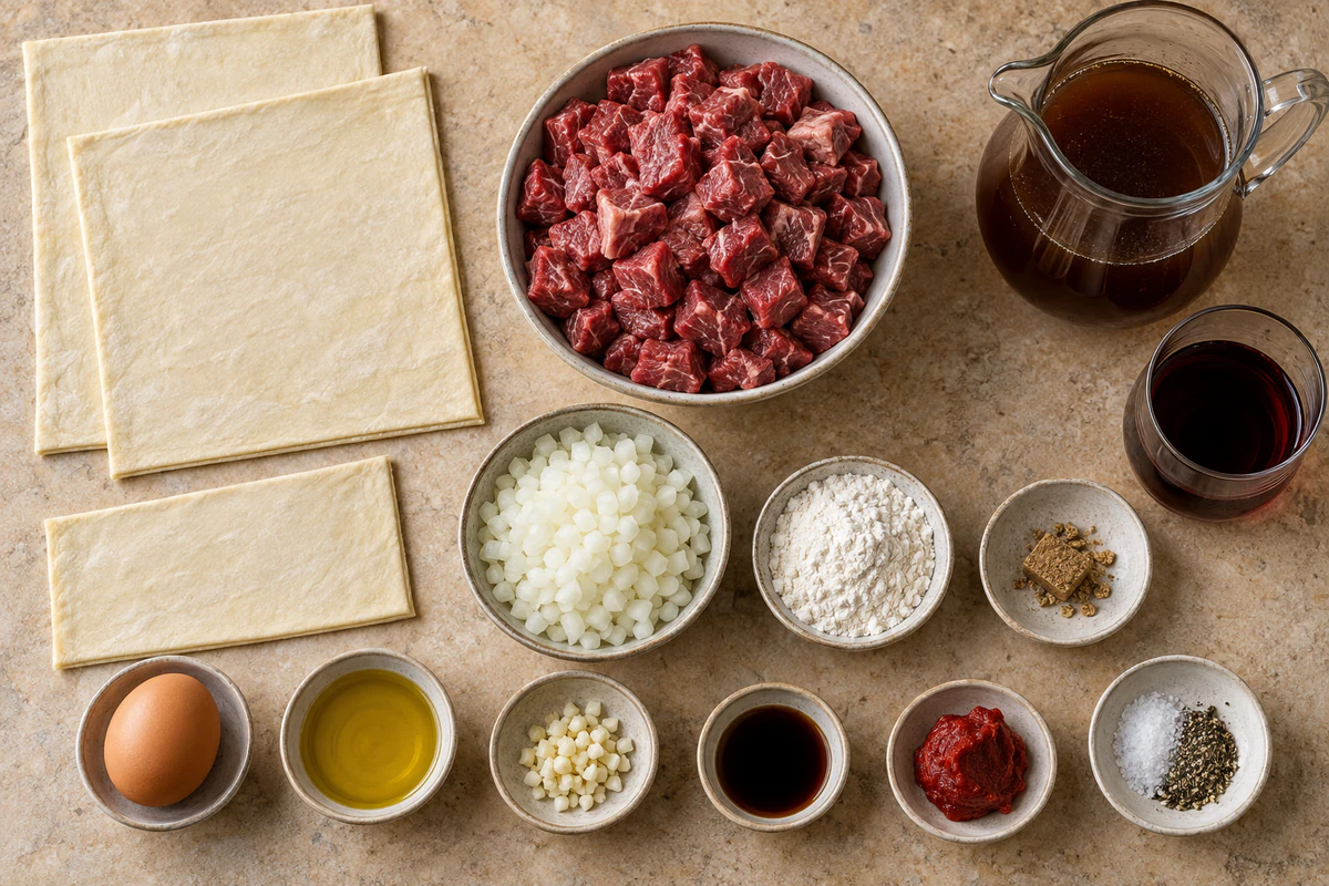 Two and a half puff pastry sheets, one egg, diced chuck steak, oil, onion, garlic, flour, stock, red wine, bouillon, Worcestershire, and tomato paste