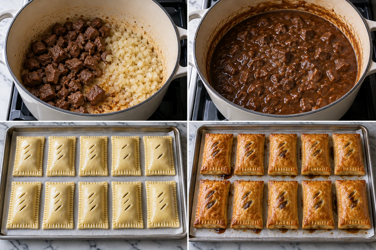 Four stages showing browned beef and onion, thick braised gravy, ten sealed pastries, and ten golden steak bakes
