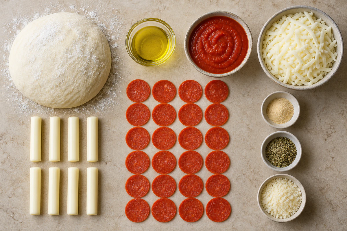 Pizza dough, eight string cheeses, olive oil, pizza sauce, shredded mozzarella, twenty-four pepperoni, and optional seasonings