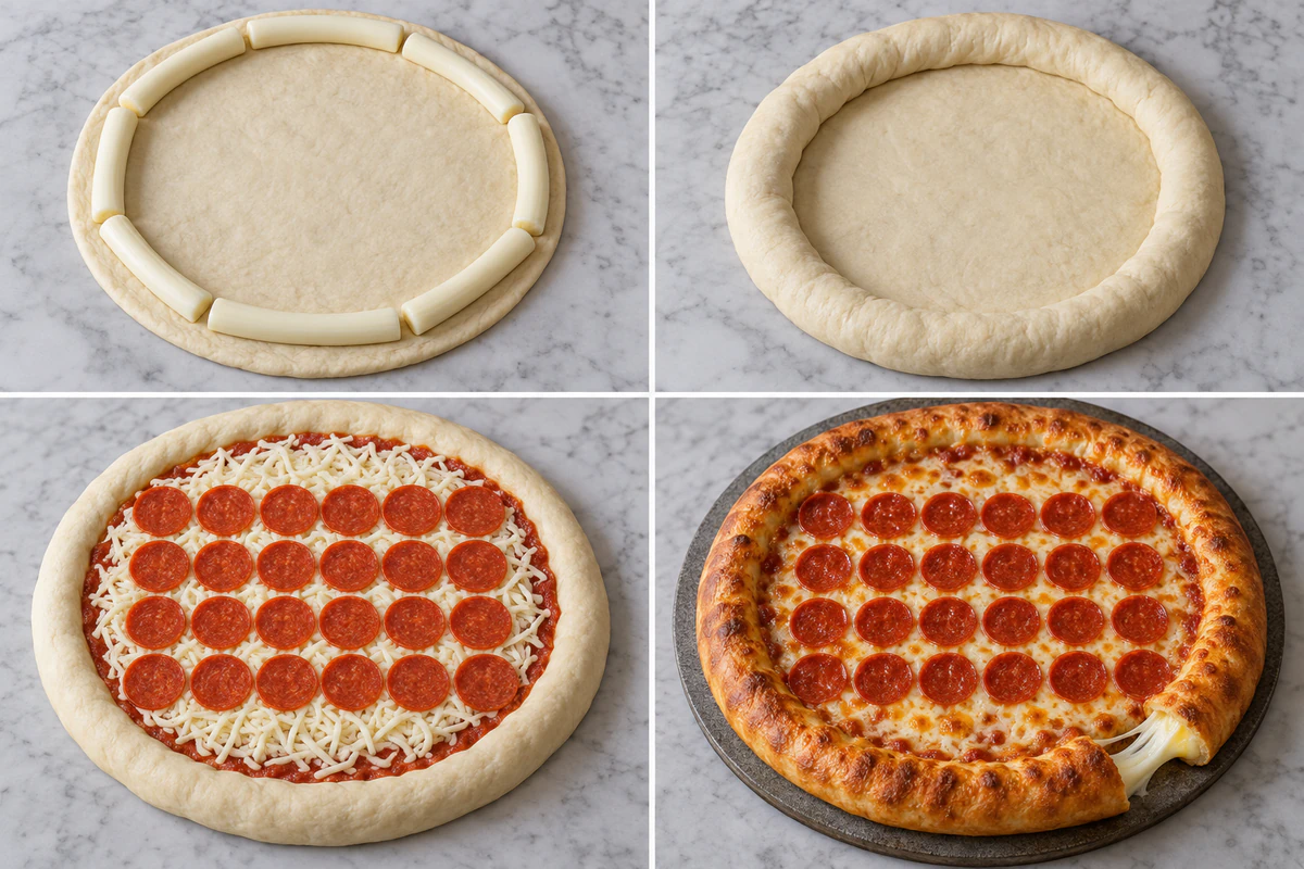 Four stages showing eight string cheeses around dough, sealed stuffed rim, twenty-four pepperoni on the pizza, and a baked stuffed crust