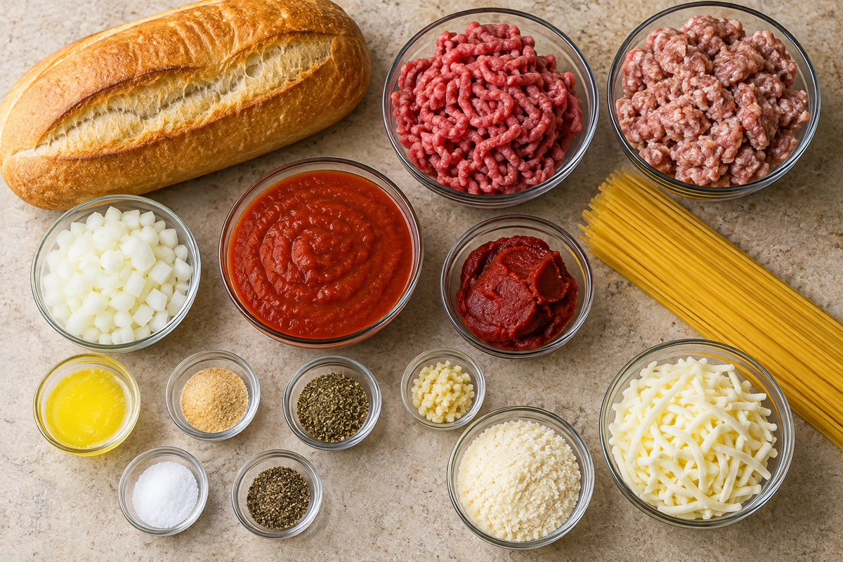 Italian loaf, butter, garlic powder, ground beef, Italian sausage, onion, tomato sauce and paste, seasonings, spaghetti, Parmesan, and mozzarella