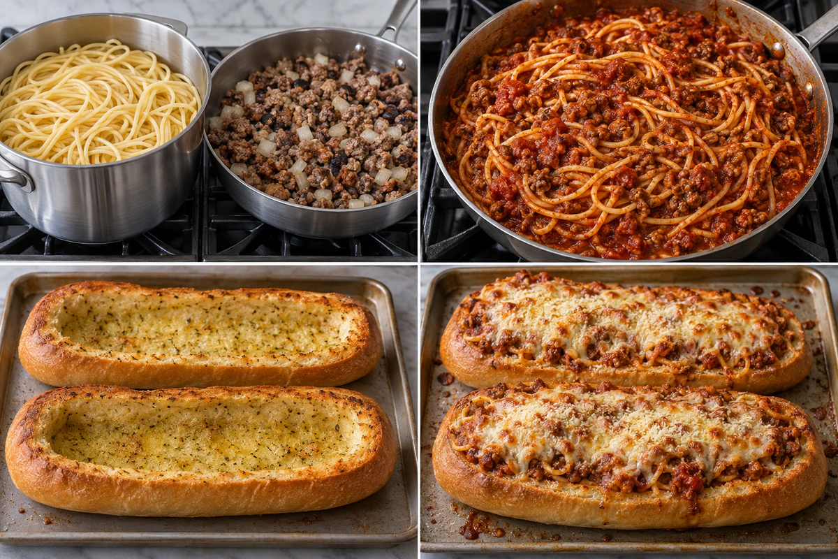 Four stages showing cooked spaghetti and browned meats, spaghetti meat sauce, two toasted bread shells, and two cheese-topped filled boats