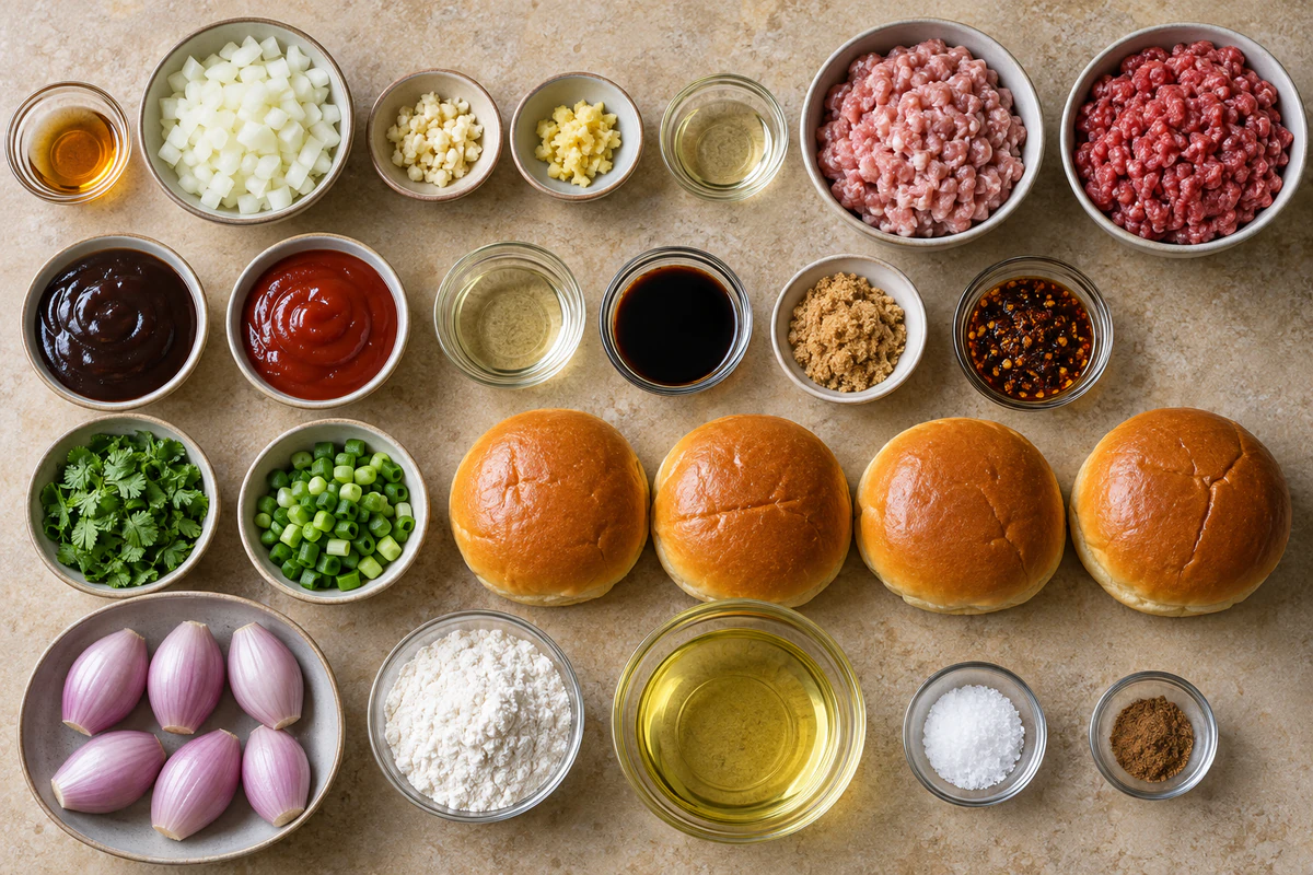 Pork, beef, aromatics, six sauce ingredients, herbs, four buns, and six shallots for Asian sloppy joes