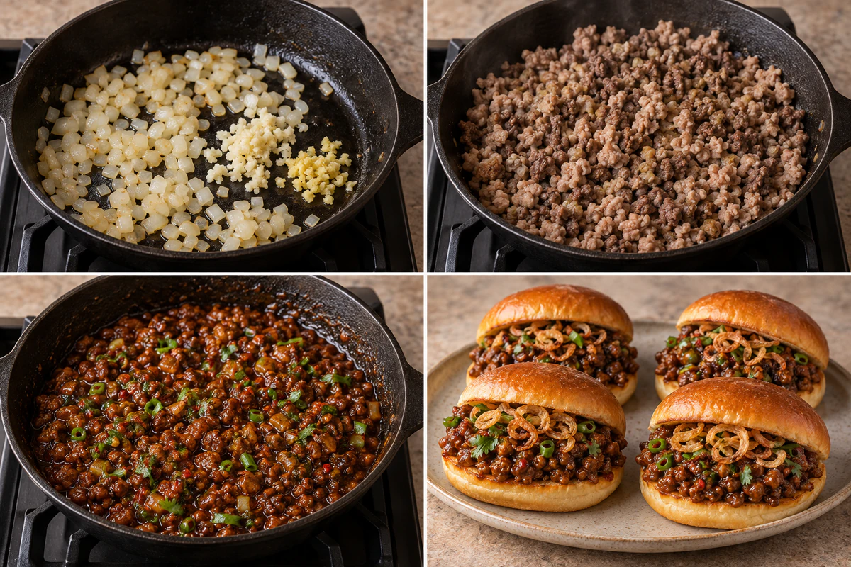 Four stages showing sautéed aromatics, browned pork and beef, glossy sauce, and four Asian sloppy joe sandwiches