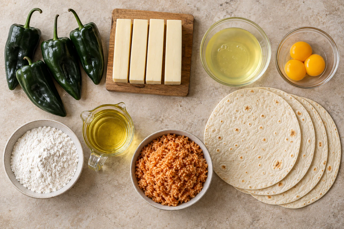 Four poblano peppers, four Monterey Jack pieces, three eggs, flour, oil, Mexican rice, and four burrito tortillas