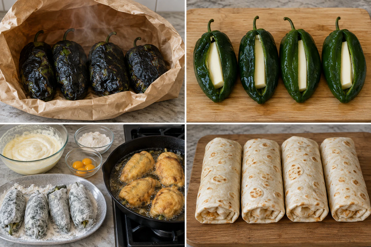 Four stages showing charred poblanos, cheese-filled peppers, battered frying, and four rice-filled chile relleno burritos