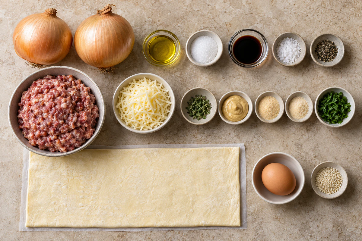 Two onions, sausage, puff pastry, egg, balsamic, seasonings, herbs, cheese, Dijon, and sesame seeds