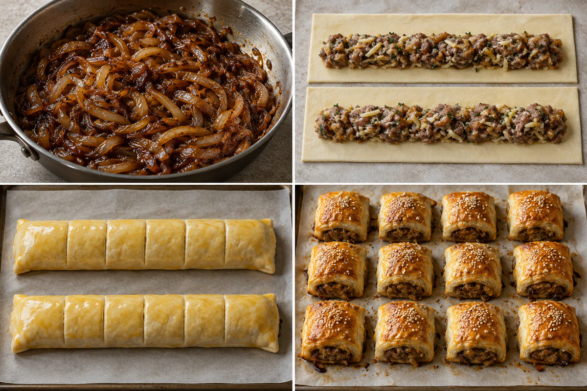 Four stages showing caramelized onions, two filled pastry strips, two sealed logs, and twelve baked sausage rolls